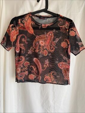 Topshow Black Mesh Paisley Crop Tee with Red-Orange Print